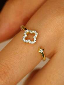 1枚925纯银镀14K金四叶草立方氧化锆戒指，精致银戒指，适合日常佩戴，送给女朋友的礼物 - 金色 - 查看 4