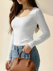 1件女士纯色方领修身长袖上衣，百搭休闲简约T恤，柔软舒适，适合秋冬季叠穿 - 白色 - 查看 6