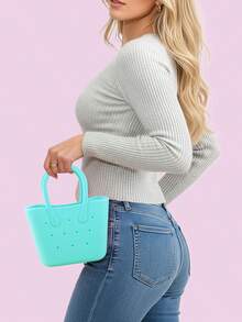 Women's Rubber DIY Tote Bag Portable Solid Color Handbag With Double Handles For Thanksgiving Gifts - Xanh lam Xanh lục - Xem 4