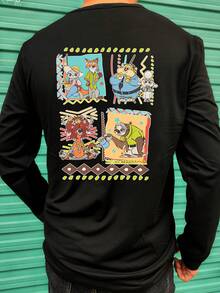 Disney Customized IP Licensed, Zootopia Graphic Print, Men's Long Sleeve T-Shirt Customization Service, Supports Exclusive Slogan/Creative Design/Anime Character/Couple/Pet Photo/Selfie/Celebrity Portrait, Crew Neck With Slight Stretch, Fashionable & Versatile Long Sleeve T-Shirt, Men's T-Shirt. - Black - View 2