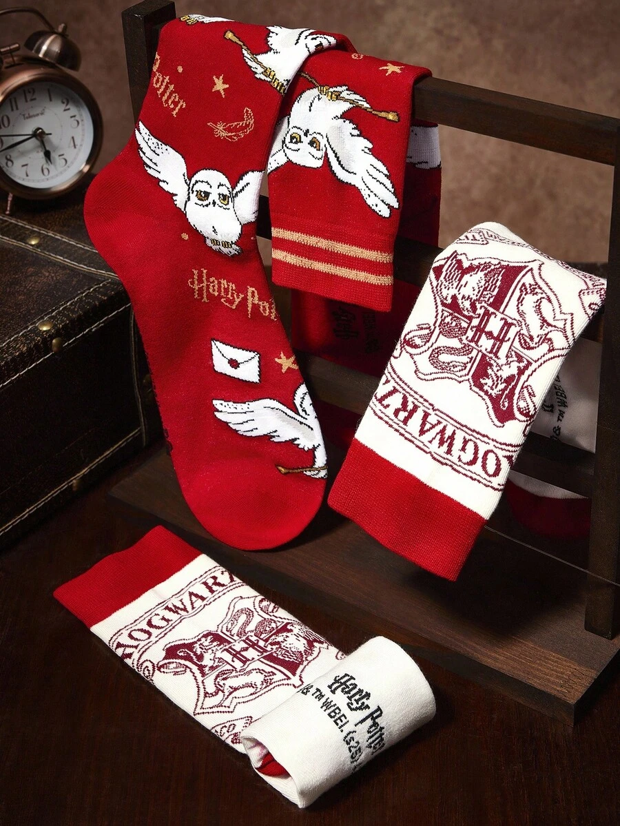 HARRY POTTER X SHEIN 2雙柔軟透氣吸濕休閒中筒襪 中筒襪 加強腳趾與腳跟耐用性 中性百搭 冬季 Hedwig 送禮 - 彩色 - 查看 1