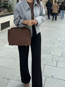 女士时尚简约百搭通勤拉链羊毛大衣上衣 - 灰色 - 查看 2