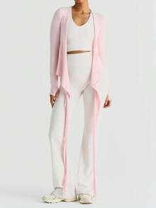 Women Ballet Wrap Top Long Sleeve Deep V Neck Cross Tie Workout Pilates Yoga Shirts Wrap Tie Crop Tops Sportswear Y2k Streetwear Slim Fitted Coquette Blouses - 粉色 - 查看 4