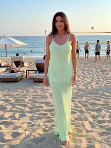 Women's Spring And Summer Hollow Mesh Hook-Knitted Backless Holiday Casual Beach Dress(No Inner Wear) - Mint Green - View 3