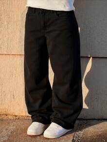 Cotton Straight Leg Jeans, Casual Personalized Wide Leg Washed Denim, Couple Matching Loose Straight Fit