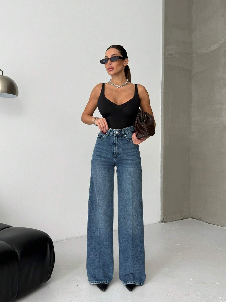 SQUALO Women's Wide Leg Color With Pocket Details Destroyed Retro Washed Street Style Jeans Ripped And Cutout Wide Leg Jeans