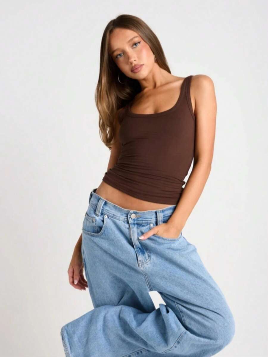 Women's Tank Top U Neck Square Neck Wide Strap Ribbed Premium Old Money Tailoring Elegant Versatile Basic Casual - Sô cô la nâu - Xem 1