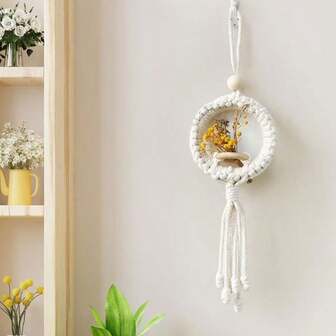 ตะกร้าดอกไม้ประดิษฐ์ถักทอด้วยมือจากเชือกฝ้ายสไตล์โบฮีเมียนสำหรับแขวนผนัง, ของตกแต่งห้องนอนบ้านเรียบง่าย