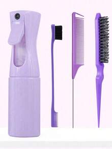 4pcs Spray Bottle And Hairbrush Set, 1 Spray Bottle + 1 Pointy Tail Comb + 1 Eyebrow Brush + 1 Fluffy Comb, Hair Brush For Boys And Girls, Comb Brush For Wet And Dry Curls, Parting Brush, Brush For Coarse And Fine Hair Treatment, Makeup, Black Five Set, Christmas Set Back-To-School Season - Pink - View 4