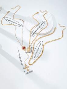 3pcs Heart Pendant & Cross Layered Necklace Set, Faux Pearl Y-Necklace Layered Set - Multicolor - View 3