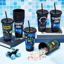 Vasos de plástico de 24 onzas reutilizables con tapa y pajitas para fiestas de videojuegos para adultos, decoraciones de mesa para fiestas de cumpleaños de jugadores, azul - negro azul - Ver 4