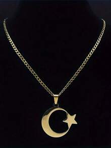 1 Peça Colar com Corrente de Aço Inoxidável em Formato de Lua Crescente e Estrela Islâmica do Ramadã, Pingente de Jóia na Cor Dourada, Acessório de Moda Presente Adequado para Uso Diário por Homens e Mulheres, Requintado para Halloween, Natal, Dia do Professor, Feriados, Aniversário