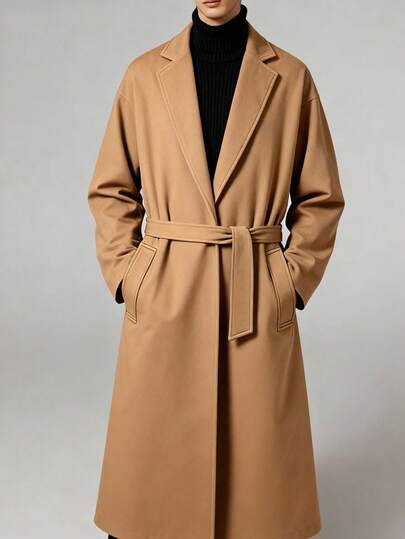 Men's Camel Notched Collar Double Pocket Cinched Waist Long Trench Coat, Casual Business Commute Outerwear Jacket For Daily, Autumn/Winter