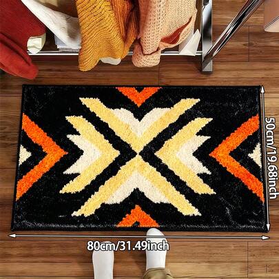 1 件波西米亚风格浴室地毯，黑色底色，菱形条纹图案，柔软舒适的仿羊绒材质，吸水性强，可机洗，适合客厅、卧室、浴室、水槽等家居装饰，以及其他室内外装饰地垫，适合所有季节。