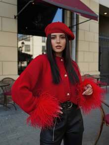 圣诞节、新年、节日女装时尚休闲红色毛绒袖口假日红色情人节圣诞节金属纽扣圆领开衫 - 紅色 - 查看 9