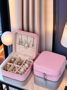 Caja de almacenamiento de joyas de cuero portátil y mini, organizador de joyas de viaje para aretes, collares y anillos, de vuelta a la escuela - Rosa - Ver 5