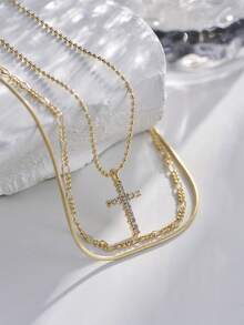 Nooxian 3件套时尚休闲基础款金链项链，搭配铜十字架吊坠项链，可叠戴，适合女性日常佩戴 - 金黃色 - 查看 6