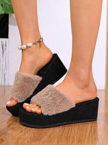 厚底露趾毛绒拖鞋，休闲居家拖鞋，防滑时尚，适合春秋季穿着，大码尺码 - 卡其色 - 查看 3