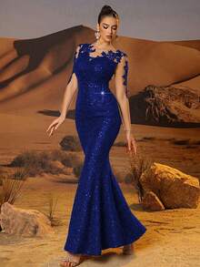 CHOSMO Elegant Solid Shiny Knit Backless Formal Dress For Women, Suitable For Wedding Guest, Homecoming, Party, Anniversary, Music Festival, Cocktail, Formal Dinner, Graduation, Prom, Travel, Stage Performance - Royal Blue - View 2