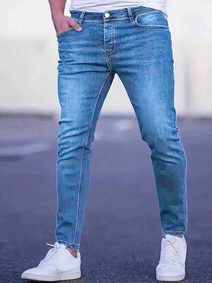 Men's Ripped Denim Jeans With Stretch - Street Fashion Essential, All-Season Versatility - Medium Wash - View 1