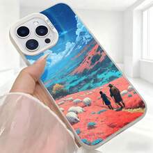 Cubierta de teléfono con diseño de paisaje anime azul con flores rojas y montañas para iPhone 14 Pro Max funda protectora para uso diario en cafeterías y viajes - Blanco - Ver 5