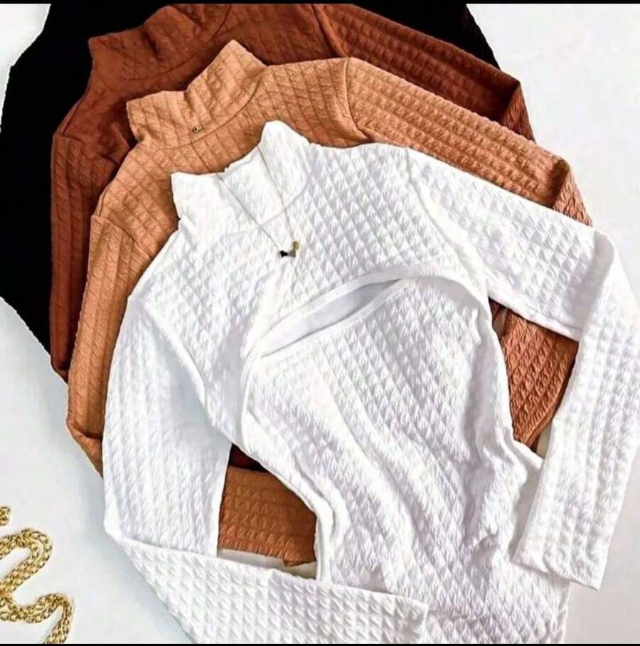 Women's Bodysuit With High Neck, Long Sleeves, Open Front, And Bouble Fabric. - 白色 - 查看 1