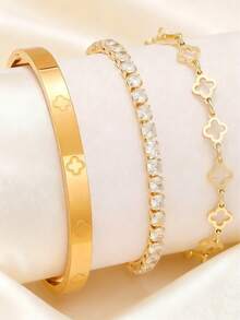 New Luxury Sparkling Four-Leaf Clover Bracelet Set, Suitable For Daily Wear And Gift Giving - Yellow Gold - View 13