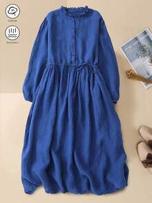 女式宽松七分袖中长连衣裙，艺术风格，秋季 - 藍色 - 查看 1