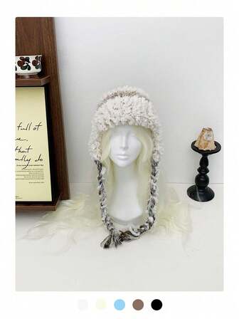 Gorro de punto con orejas de gato de colores lindos para mujer, sombrero de cubo de punto de unicolor con pompón tipo bruja, sombrero trampero de punto trenzado con orejeras, sombrero de cubo de punto hecho a mano versátil con cordón