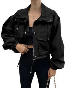 Women's Cropped Oversized Utility Jacket - Lightweight Water Resistant | Zip Up, Collar Neck, Multiple Pockets, Drawstring Detail, Elastic Cuffs - New Year Daily Casual Outings, Fall Winter Layering Wear - Black - View 5