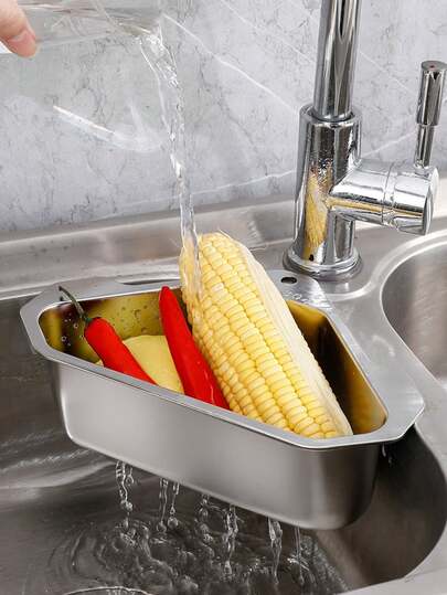 1个优质304不锈钢三角水槽沥水篮 - 高效残渣过滤架，耐用金属表面，适用于厨房水槽和洗脸盆 - 无需充电，易于清洁