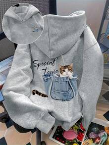 Áo hoodie cỡ lớn in hình mèo dễ thương và denim, phong cách ngọt ngào pha chút trẻ trung, thoải mái. - Màu Xám nhạt - Xem 1