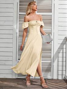 PARTHEA Off-Shoulder Petal Sleeve Slit Thigh Dress Summer Elegant - Apricot - View 7