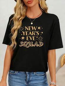Inktastic New Year's Eve Squad With Stars  Women's Plus Size T-Shirt Novelty Crew Neck Top 100% Polyester Shirt Casual Funny Oversized Graphic Short Sleeve 1 Pcs Tee 220g - màu đen - Xem 1