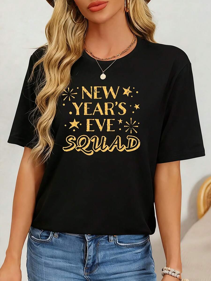 Inktastic New Year's Eve Squad With Stars Women's Plus Size T-Shirt Novelty Crew Neck Top 100% Polyester Shirt Casual Funny Oversized Graphic Short Sleeve 1 Pcs Tee 220g - màu đen - Xem 1