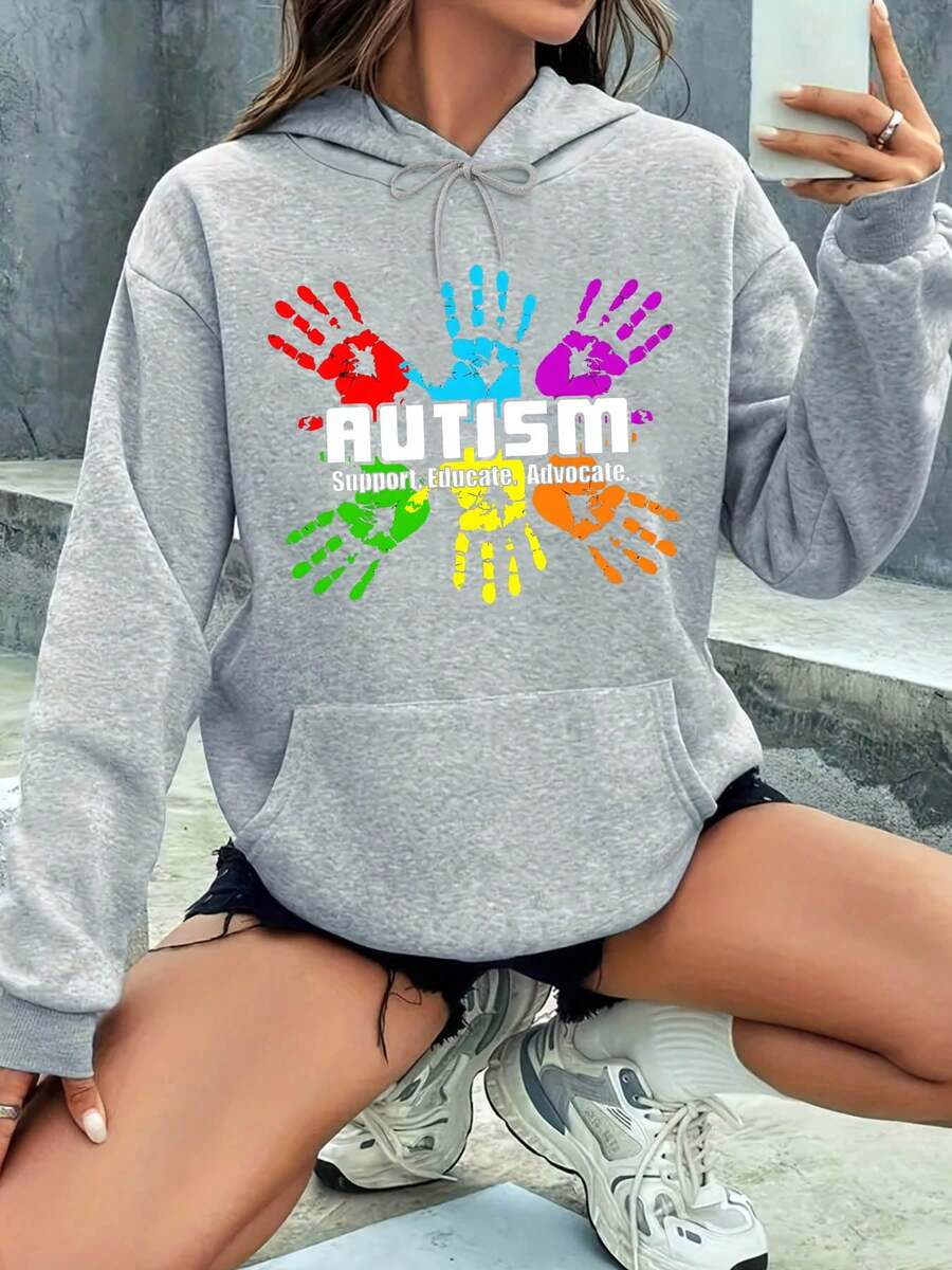Autism Awareness Support Educate Advocate Colorful Handprints Hoodie For Women And Men Unisex Sweatshirt With Front Pocket Casual Wear For Autism Awareness Month And Everyday Use - 灰色 - 查看 1