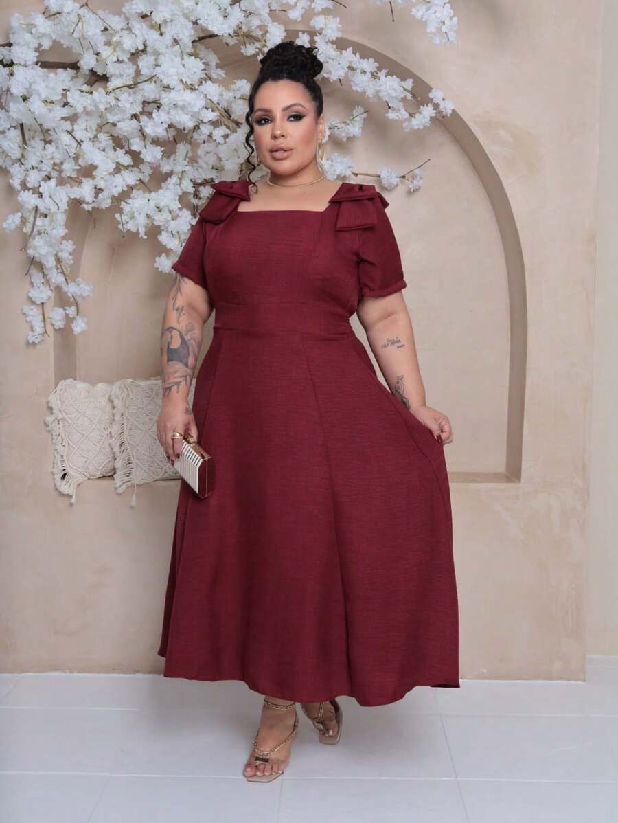 Women's Plus Size Midi Dress With Lined Square Neckline, Short Sleeves, Shoulder Tie, Padded Cups And Elastic Back In Duna Linen - Elegant Fashion Party Dress - 酒紅色 - 查看 1