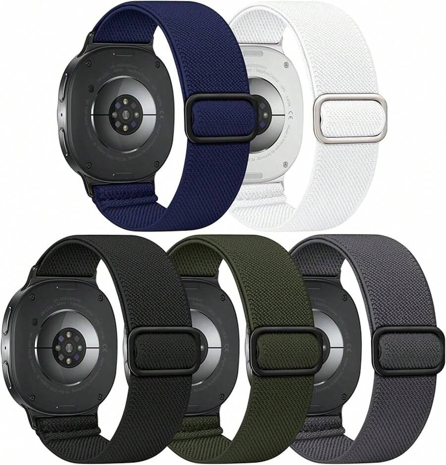 5 Paquetes de Bandas Elásticas Compatibles con Watch 8 6 5 4 FE Banda 40mm 44mm 45mm/Watch 8 Classic 6 4 42mm 46mm 43mm 47mm/Active 2, Correa Deportiva de Nylon Elástico Resistente al Agua de 20mm - Medianoche/Blanco/Negro/Verde militar/Gris oscuro - Ver 1