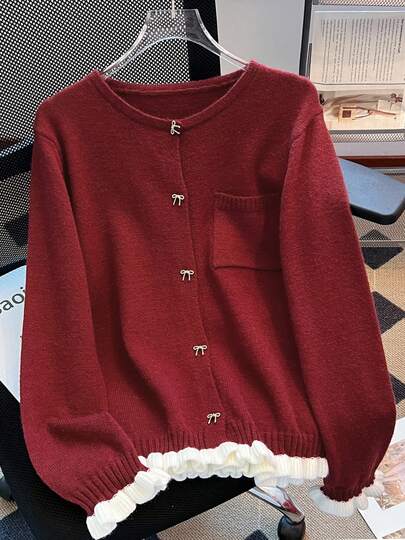 女士休闲蝴蝶结纽扣拼布撞色口袋针织开衫，秋冬