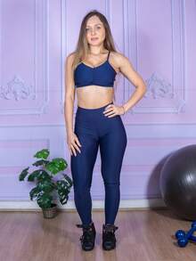 Women's Fitness Gym Set: Backless Top + Leggings - Navy Blue - View 2