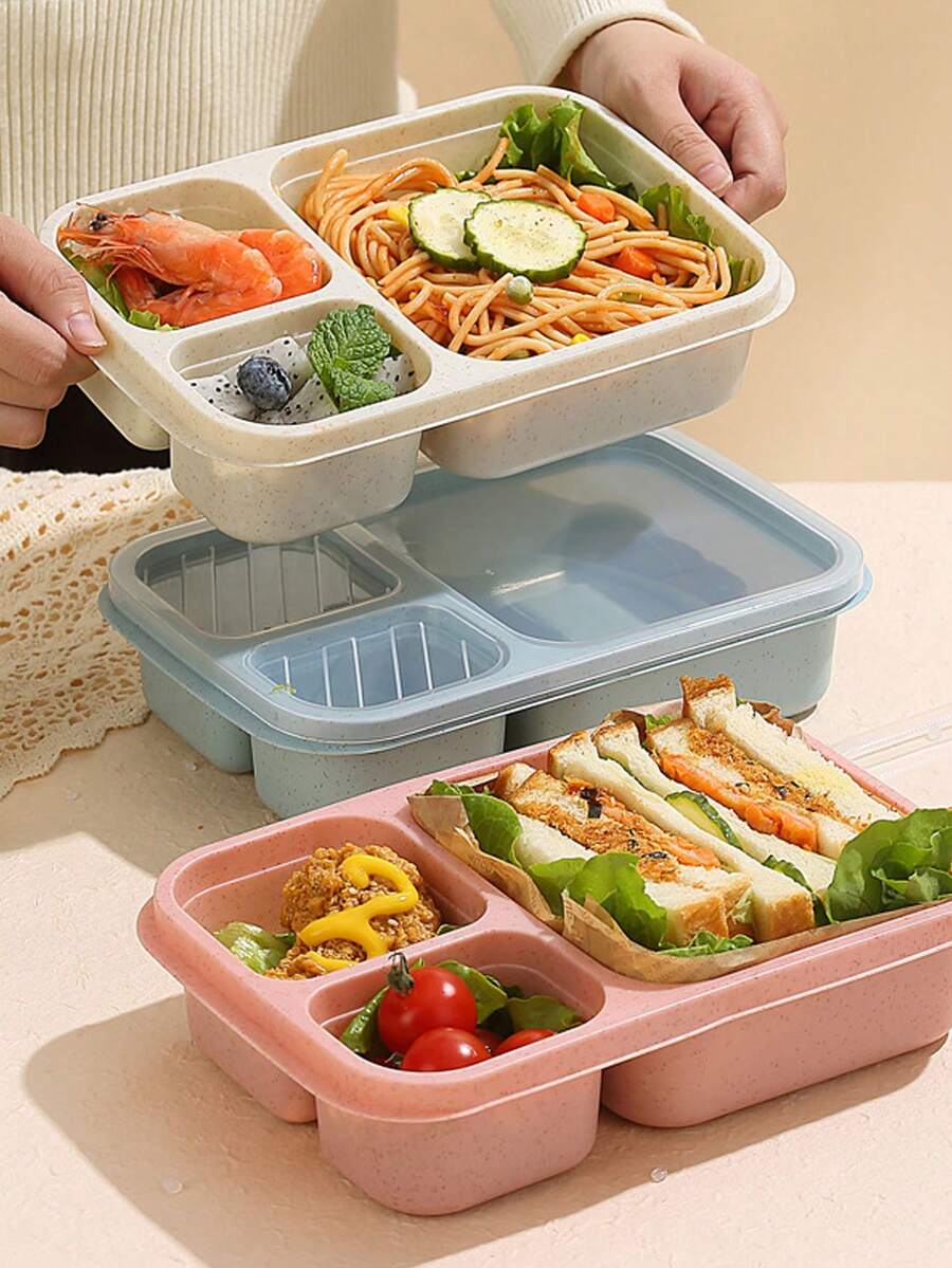 New Wheat Straw 3-Compartment Bento Lunch Box, Student/Office Worker Balanced Meal Container, Large Capacity Plastic Insulated Lunch Box - Multicolor - View 1
