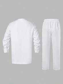 2pcs White Dashiki Shirt And Pants Set, Geometric Line Embroidery, Long Sleeve, Round Neck, Elastic Waist Pants, African Fashion, Men's Matching Sets, Casual & Elegant Style For Business, Party, Date, Wedding, Daily Wear, Cultural Events - White - View 5