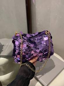 1pc Sequin Shoulder Bag, Fashion Crossbody Bag, Evening Clutch Purse For Women, Suitable For Party And Daily Use , Purple - Purple - View 1