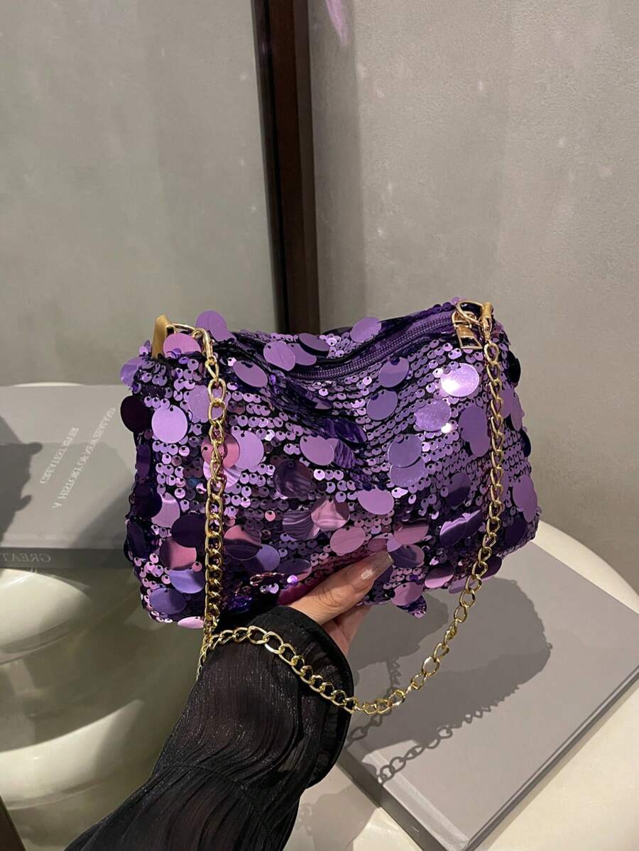 1pc Sequin Shoulder Bag, Fashion Crossbody Bag, Evening Clutch Purse For Women, Suitable For Party And Daily Use , Purple - Purple - View 1