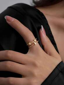 5pcs Elegant, Delicate, Gentle Geometric Bow, Star, Moon Faux Pearl Zirconia Inlaid Copper Ring Set, Unique Niche High-End, Suitable For Daily Commute, Events, Parties, Holidays, Fashion Gift - Yellow Gold - View 3