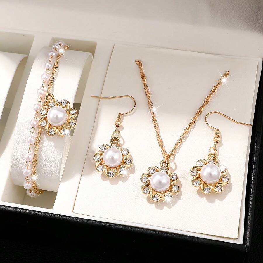 4 piezas Conjunto de joyería de moda, incluye collar con colgante de flor de rhinestone, aretes, pulsera apilable, adecuado para uso diario y regalos festivos