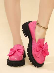 Elegant, Cute, And Fashionable Women's Loafers With Bow Decoration, Glossy Upper, Soft Thick-Soled Heel, And Non-Slip Rubber Sole. Perfect For Christmas, Halloween, Thanksgiving, School, Or Casual Occasions. - 粉色 - 查看 4
