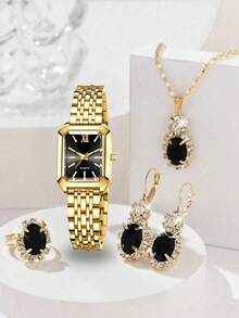 五件套，时尚方形石英女表+时尚椭圆形手工钻石首饰套装，手表手链套装，适合日常佩戴、节日礼物或生日礼物 - 金色 - 查看 6