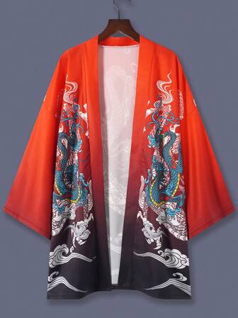 日式复古龙纹印花和服罩衫，轻盈透气，适合春夏休闲穿着，可用于街头、旅行、海滩、角色扮演、传统表演等场合。