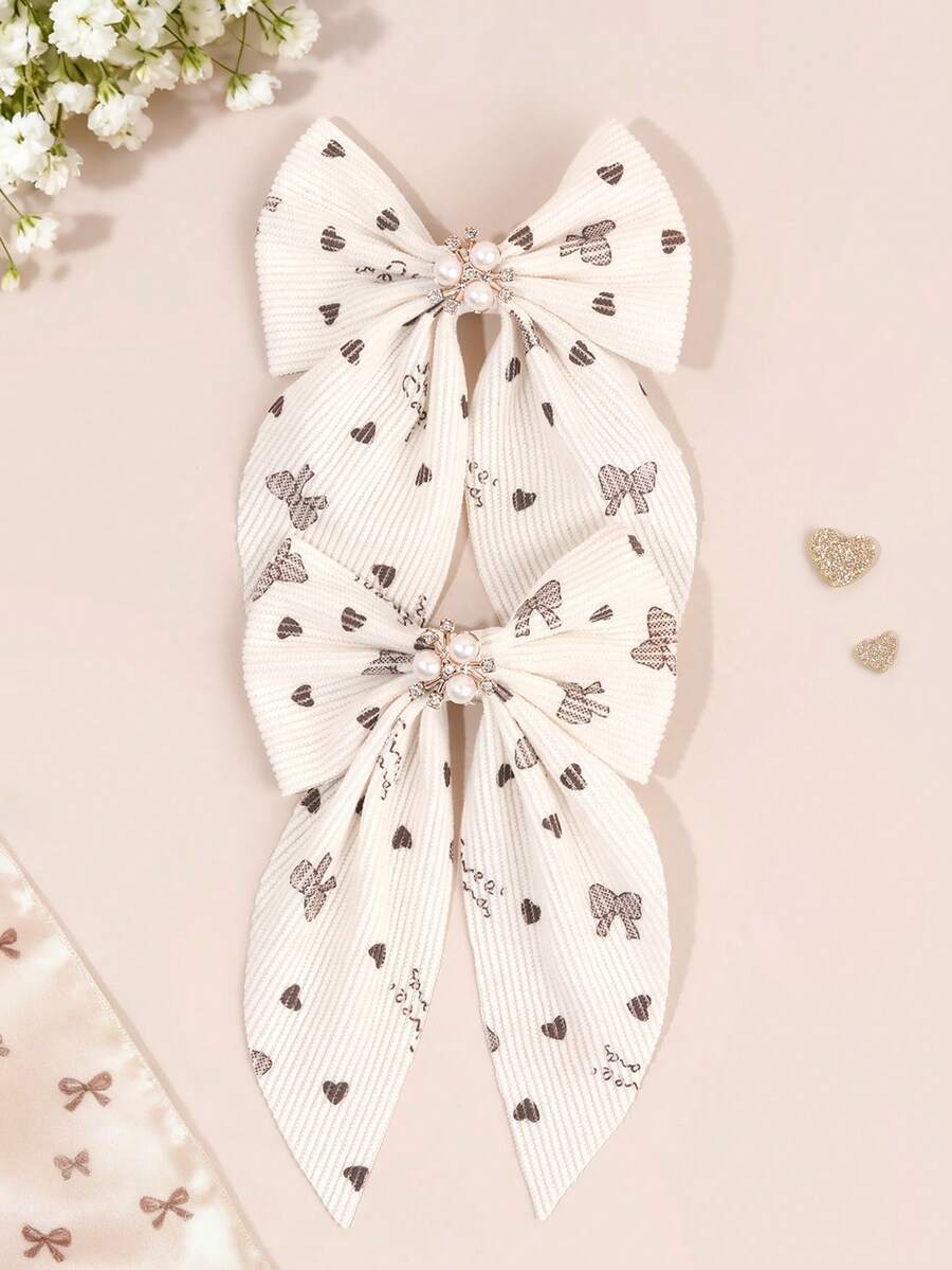 2 chiếc kẹp tóc hình nơ trái tim in họa tiết cho bé gái, kẹp tóc hình nơ đính ngọc trai có đuôi, kẹp tóc nhung màu be, ấm áp, dễ thương, ngọt ngào, kẹp tóc hàng ngày, phụ kiện tóc cho tuổi teen. - Nhiều màu - Xem 1